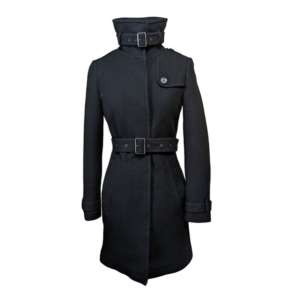 Burberry Brit Black Rushworth Wool Belted Trench Coat Lined 4 - Picture 3 of 7
